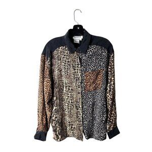 Vintage 90's Allison Taylor Women's Animal Print Silk Button-Down Blouse Size L